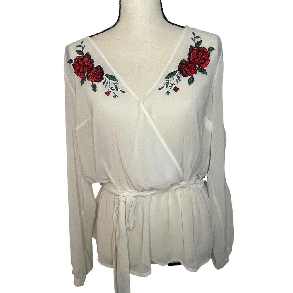 Express Ivory Embroidered Roses Long Sleeve Top Size L